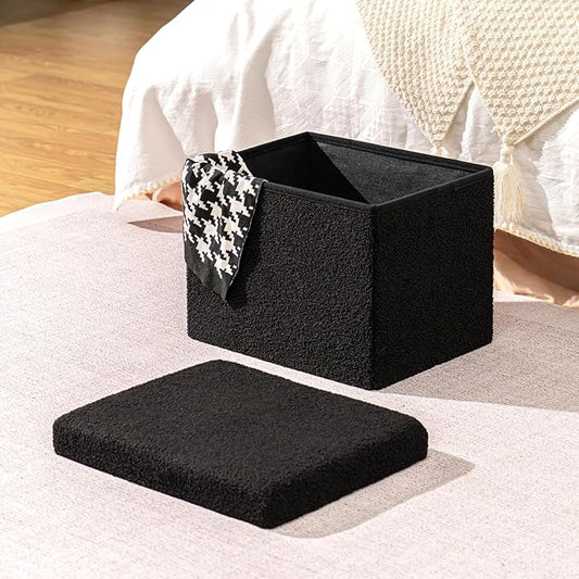 B FSOBEIIALEO Storage Ottoman Cube Small Sherpa Ottoman Foot Rest, Foldable Portable Boucle Ottomans, Faux Teddy Fur, Black 16.5"x12.6"x12.6"