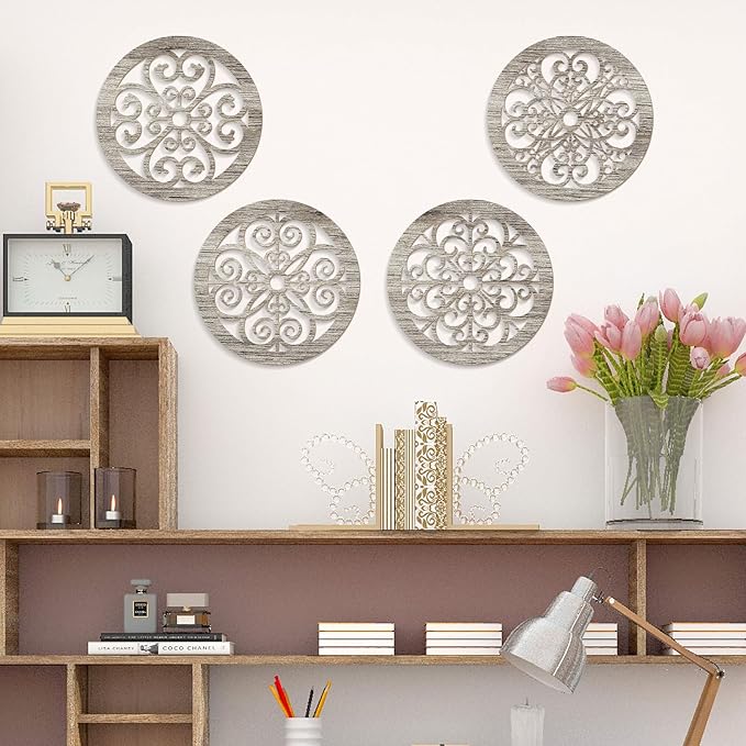 Zzbakress 4 Pieces Farmhouse Wall Decor Rustic Circle Wall Decor Wooden Hollow Carved Round Wall Art for Living Room Bedroom Kitchen Bathroom Home Wall Decoration (Delicate, Retro)