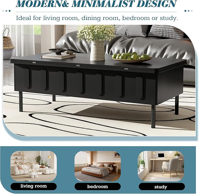 43.3-Inch Lift Top Coffee Table with Hidden Storage & 2 Drawers, Modern Multifunctional Center Table with Foldable Top for Living Room, Black