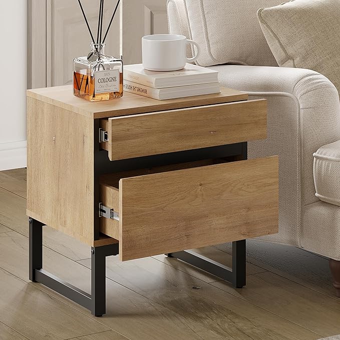 WAMPAT 2 Piece Modern End Table with 2 Drawers, Farmhouse Sofa Table, Wooden Rustic Side Sofa Table Metal Leg for Living Room, Nighstand for Bedroom, Oak