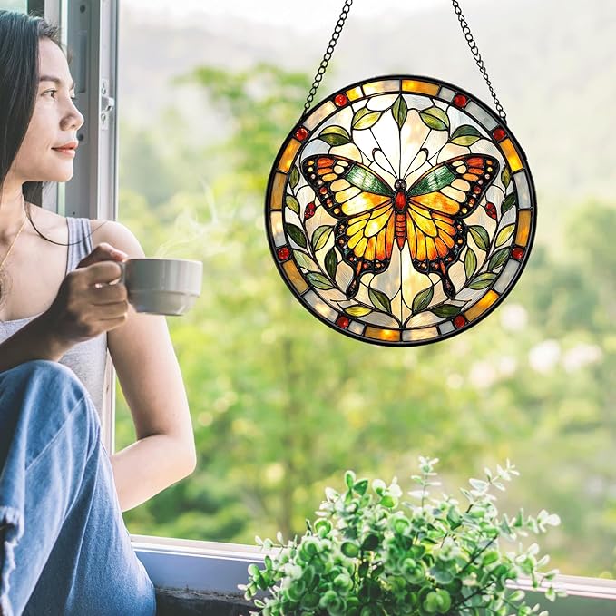 Butterfly Stained Glass Sun Catcher for Window Hanging, Yellow Butterfly Suncatcher for Indoor Window Decoration, Stained Glass Panel Home Decor for Women, Mom (Yellow, 6.3'')