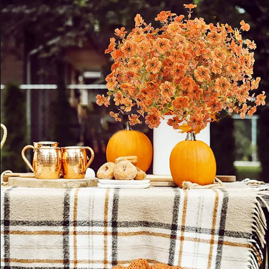 Agusbagli 10Pcs Artificial Fall Flowers Outdoor Autumn Fake Flowers UV Resistant Faux Plastic Greenery Shrub Plant for Wedding Home Garden Window Box Fireplace Thanksgiving Christmas Decor Orange
