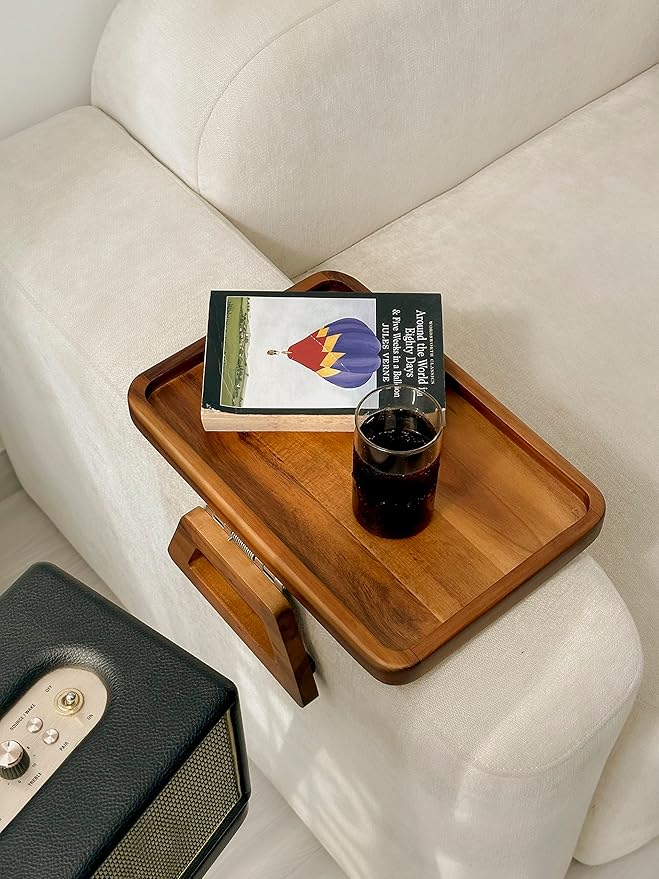 Tinamo Acacia Couch Arm Table - Wooden Sofa Armrest Tray - Clip-on Tray for Wide Couch - Side Table for Eating & Drink (Acacia)