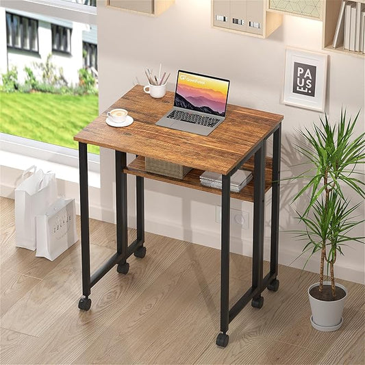 GreenForest Folding Desk Small Rolling Desk with Storage Shelf, 31.5 inch Foldable Computer Desk with Wheels for Small Space, Easy Assembly,Walnut