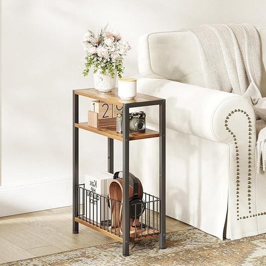 Narrow Side Table with Storage Basket, Small End Table for Small Spaces, Slim Sofa Table for Living Room, 3 Tier Bedside Table for Bedroom, Rustic Brown