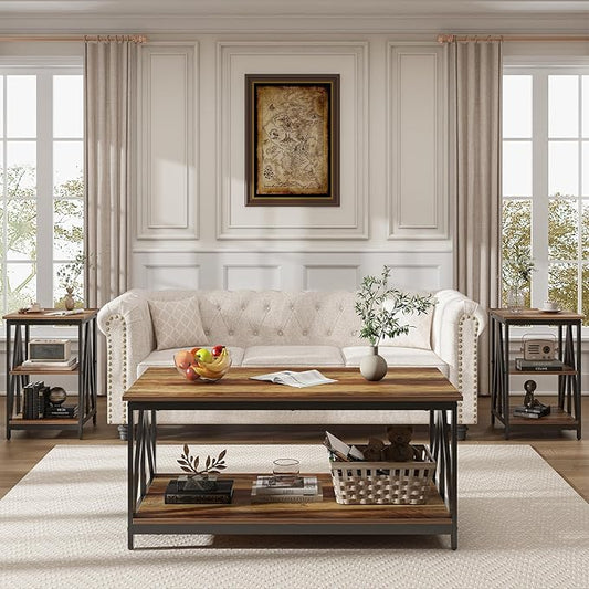 Bigbiglife Living Room Coffee Table Set of 3, Industrial Triangular-Design Coffee Table and 2 End Side Tables, 3 Piece Living Room Table Set with Large Storage for Apartment Home (Rustic Brown)