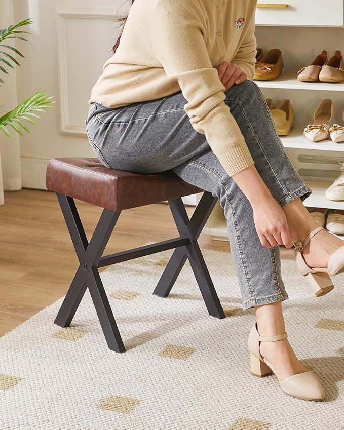 IBUYKE U-Shaped PU Vanity Stool, Square Makeup Chair with X-Leg, Ottoman Seat Footrest Stool, Multi-Use as Small Side Table, for Bedroom, Living Room, Dark Brown WBD019Z