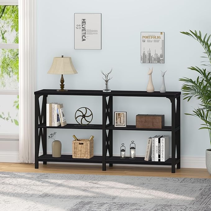 IBF Black Console Table, Modern Industrial Sofa Table with 3 Tier Storage Shelves, Farmhouse Wooden Metal Entryway Table for Living Room, Hallway, or Foyer, Black Oak, 63 Inch