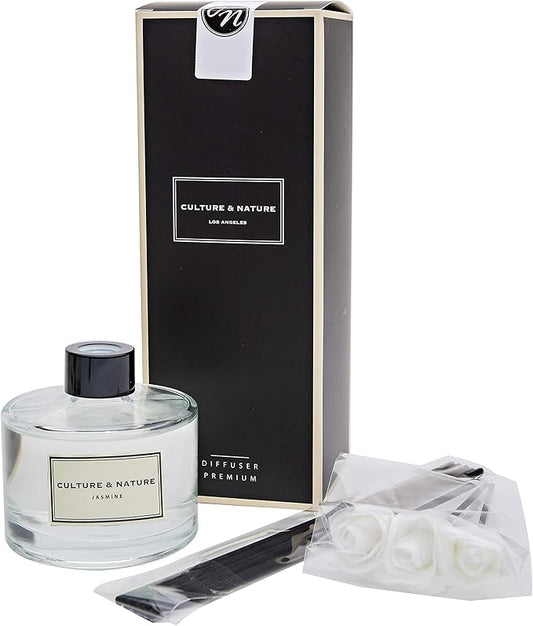 CULTURE & NATURE Reed Diffuser Set 6.7oz (200ml) Jasmine Scented Diffuser with Sticks Home Fragrance Reed Diffuser for Bathroom Shelf Decor