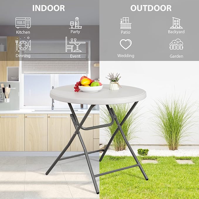 ZenStyle Folding Table, Indoor Outdoor Portable Plastic Dining Card Table Utility Bar Table for Camping Dining Wedding Event Party, White (Round, 32"x32")