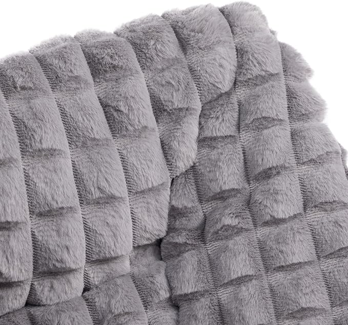 HollyHOME X-Large Saucer Chair with Foldable Ottoman, Comfy Oversized Folding Chair and Folding Footrest Stool Set, Faux-Fur Reading Chair and Footstool for Living Room, Blue&Grey Chair&Stool