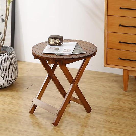 Outdoor Small Table Round Folding Side Table, Foldable Wooden End Table for Indoor, Porch, Patio, Camping as Coffee Table or Plant Stand, Brown 
