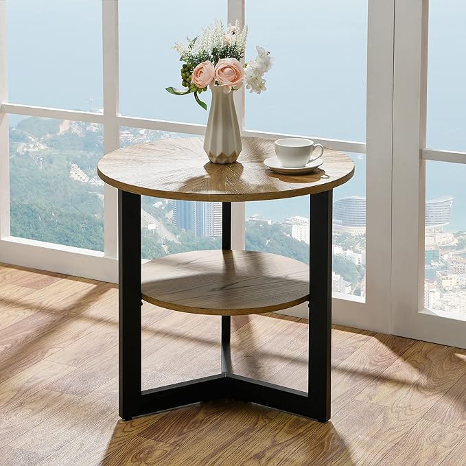 LEEMTORIG Round Side Table, Large 2-Tier End Table Nightstand with Metal Legs, Modern Bedside Couch Table for Living Room, Bedroom, Office, Rustic Natural/Black, 25.2 x 25.2 x 24 inches CJZ-1338