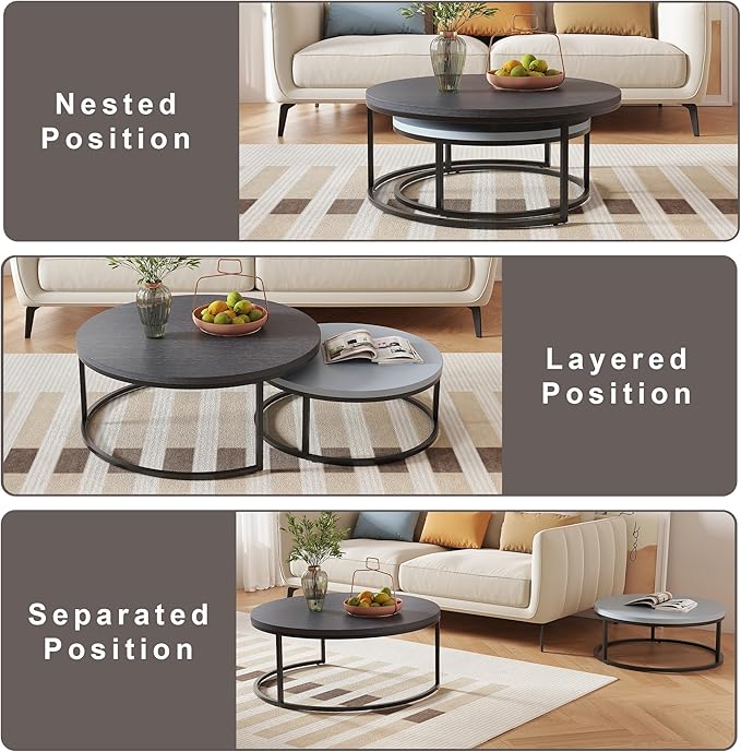 Round Nesting Coffee Table Set of 2, Modern Minimalist Accent Tables for Living Room, Bedroom, Office, Stackable Side Tables (Light & Dark Grey)