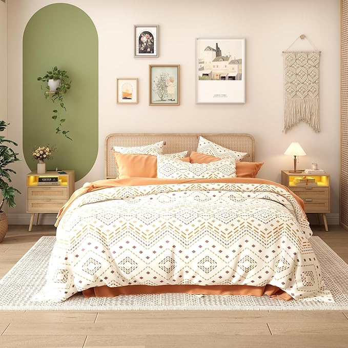 Real Rattan Nightstands Set of 2 with Charging Station and Led Lights, End Tables with 2 Drawers and Wood Legs, Bedside Tables, Boho Night Stand Set 2 for Bedrooms, Side Tables (2 Pack)