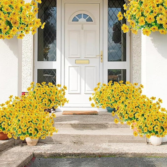 Agusbagli 24 Bundles Artificial Flowers Outdoor UV Resistant Fake Flowers No Fade Faux Plastic Greenery Shrub Plants for Wedding Home Garden Window Box Fireplace Thanksgiving Christmas Decor, Yellow