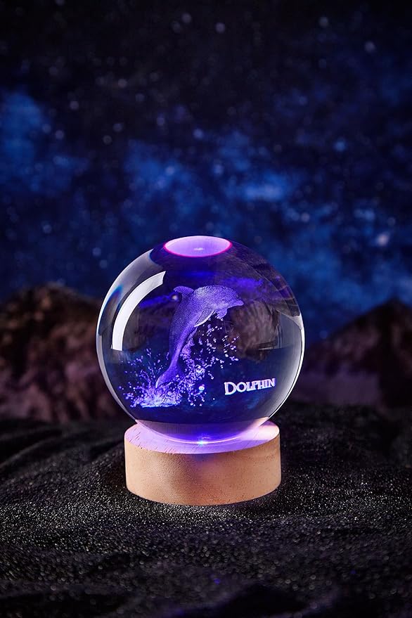 Dolphin Crystal Ball Lamp with LED Wooden Base, 16 Colors Change & Remote Control Sea World Crystal Ball Night Light, Upgraded 3.15 Inch Glass Light, Gift for Kids Wife Girlfriend (Dolphin)
