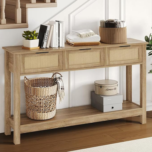 Luoxiao Rattan Console Table Boho Entryway Table with 3 Drawers Storage, Narrow Long Behind Couch Sofa Table for Living Room Side Table Entry Way Table Entrance Hallway Foyer, Natural, 47 Inch