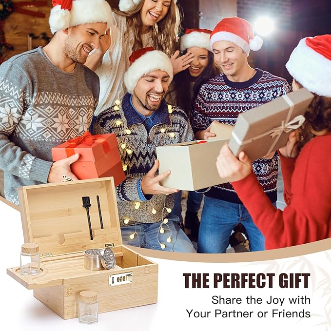 Large bamboo box, locked storage decorative box with combination lock, wooden lock box with lid, wooden locked storage box with removable tray and jars