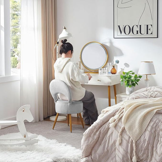 Vanity Stool with Storage and Backrest, Folding Back & Velvet Seat, Footrest, Round Ottoman with Sherpa, Vanity Chair with Storage, Ideal for Bedroom, Living Room, and Makeup Stations