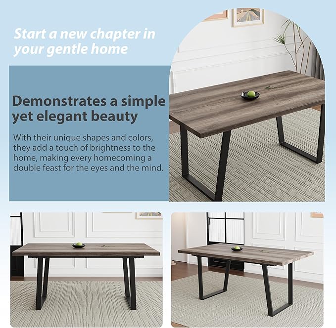 Modern Wooden Dining Table, 63'' Wooden Rectangle Table, Kitchen & Dining Room Table, Modern Kitchen Dining Table with Metal Legs for Living Room & Dining Room