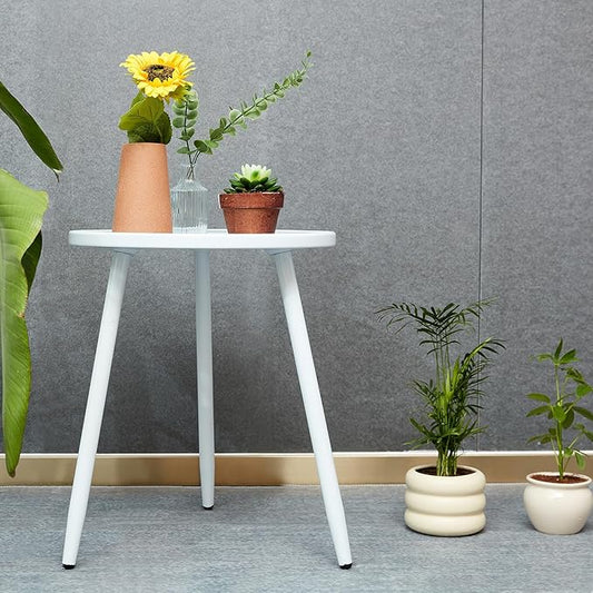 End/Side Tables - Small Round Accent Table, Metal White Narrow Night Stands with 3 Legs, Ideal for Any Room-Side Tables Living Room, Bedroom, Plant Stand Balcony, Indoor & Outdoor