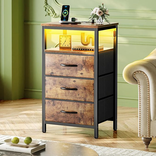 Huuger Night Stand with Charger Station and LED Lights, 3 Drawer Nightstand, Bed Side Table with Open Shelf, End Table, Tall Fabric Dresser for Bedroom, Rustic Brown
