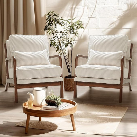 FLEXISPOT AC1 Mid Century Modern Accent Chair, Corduroy Upholstered Armchair with Lumbar Pillow & Thickened Backrest, Comfy Reading Chair with Wood Frame for Living Room, Bedroom, Balcony (White)
