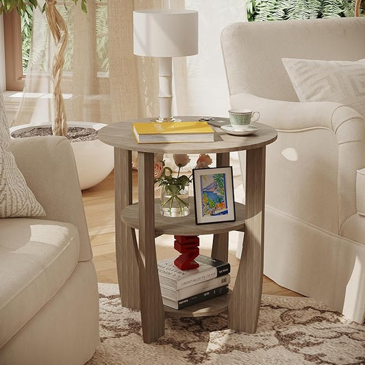 Round End Table with Storage Shelf,3 Tier Modern Side Table, Sofa Recliner Side Table,Accent Coffee Table,Nightstand for Living Room Bedroom for Small Spaces,19.7" D x 21.7" H