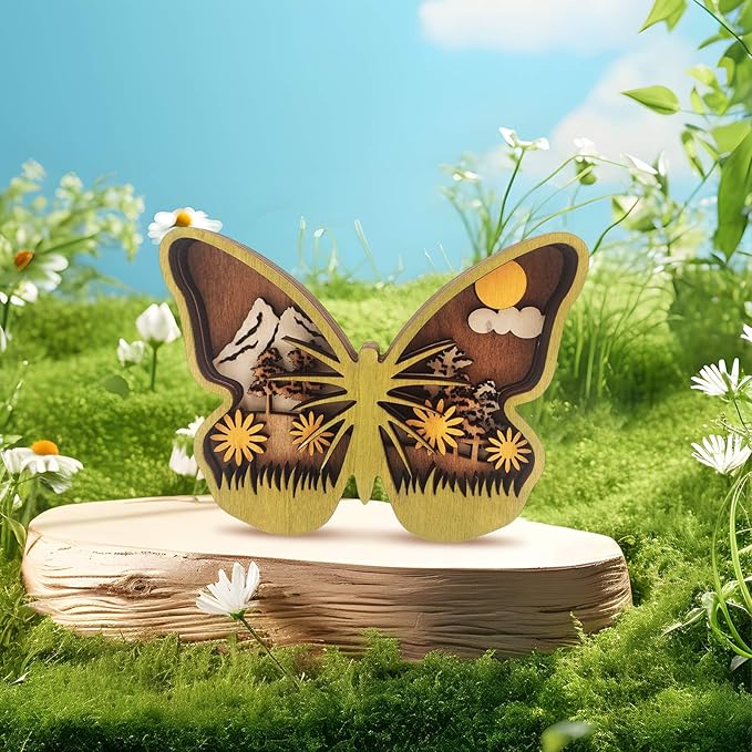 3D Wooden Carving Animals Lamp - Creative Fox Squirrel Wood Carved LED Night Light Garden Yard Wooden Animals Sculpture Ornaments Desktop Home Decor Birthday Gifts for Family Friend (Butterfly)