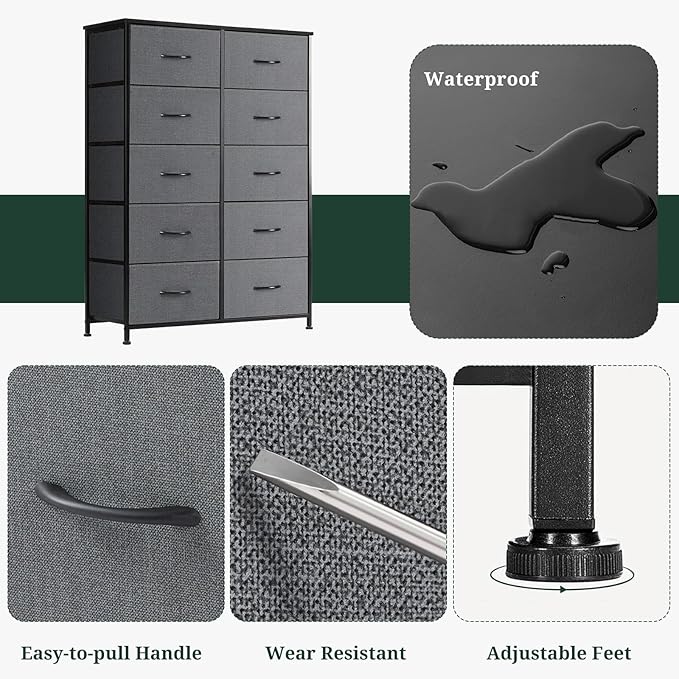 10-Drawer Dresser for Bedroom, Anti-Tip Tall Storage Organizer Chest of Drawers with Wooden Top and Metal Frame Fabric Bins for Closet, Living Room, Hallway, Entryway, Gray