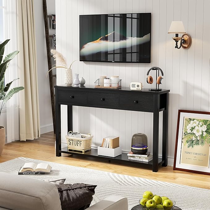 Homieasy Farmhouse Console Table with 3 Drawers, 47 Inch Wood Sofa Table with Storage Shelf for Living Room, Behind Couch, Entryway Table for Hallway, Living Room, or Foyer, Black