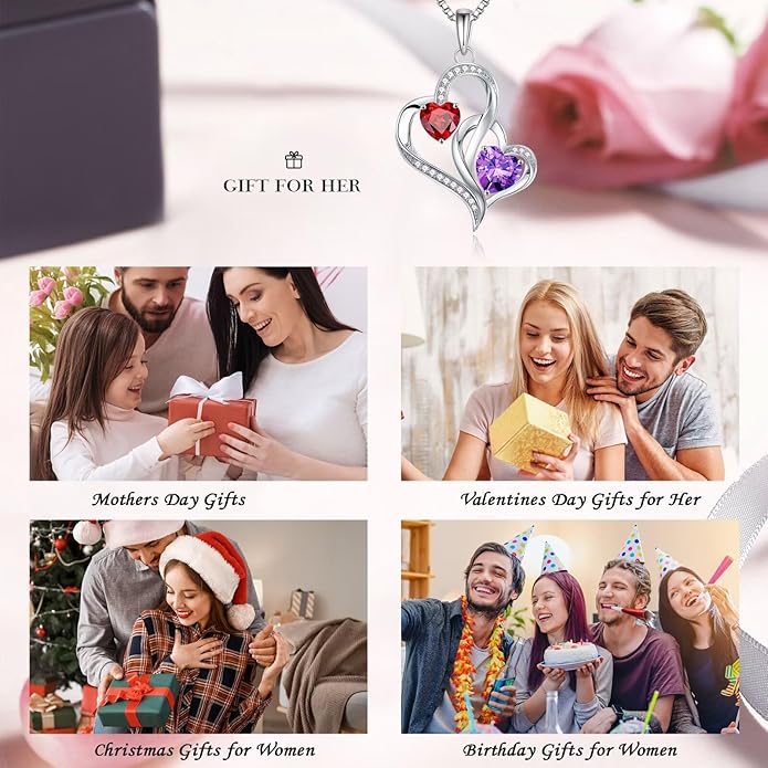 Iefil Christmas Gifts for Women - Double Heart Birthstone Necklace, 925 Sterling Silver Heart Pendant Necklace, Anniversary Birthday Gifts for Women | Personalized Jewelry Gift for Wife Mom Girlfriend