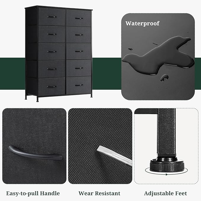 10-Drawer Dresser for Bedroom, Anti-Tip Tall Storage Organizer Chest of Drawers with Wooden Top and Metal Frame Fabric Bins for Closet, Living Room, Hallway, Entryway, Black