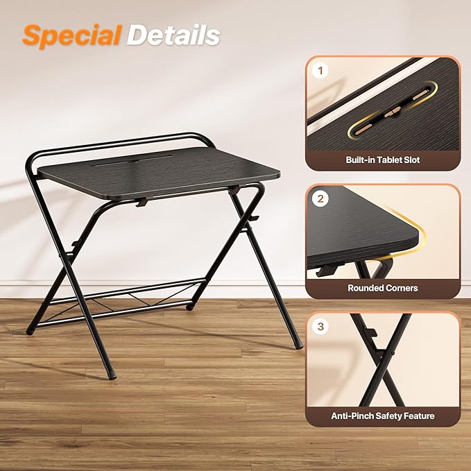 Huuger Folding Desk with 3-Level Adjustable Height and Tablet Slot, 24 Inch Foldable Computer Desk for Small Spaces, Space Saving, Study Writing Work Table for Home Office, Bedroom, Study, Black