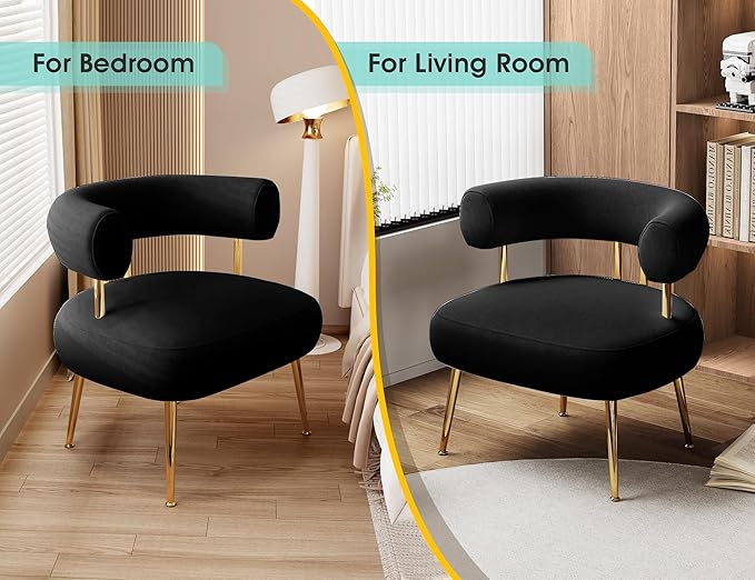 Modern Velvet Accent Chair, Round Upholstered Barrel Armchair for Small Spaces, Fluffy Side Corner Sofa Chair for Living Room, Bedroom, Vanity, Office, Reading Nook(Black)