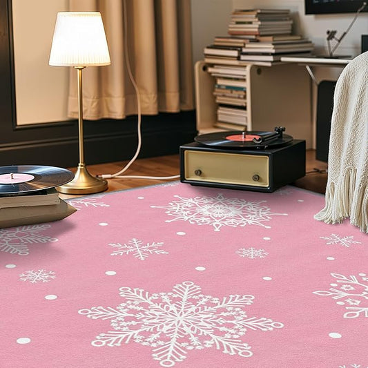 Snowflake Rug 5x7-4x5 Rug, Pink Christmas Living Room Rugs, Snowflake Bedroom Rugs, White Snowflakes Carpet, Festive Home Decor & Gifts