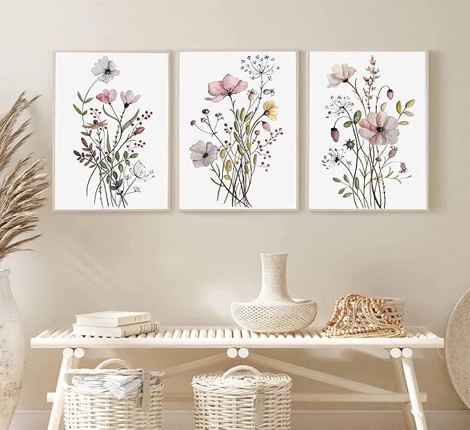3Pcs Watercolor Wildflower Canvas Wall Art Modern Minimalist Colorful Botanical Floral Painting Pictures Wall Decor Flower Posters Print Artwork for Living Room Bedroom Home Decoration Unframed