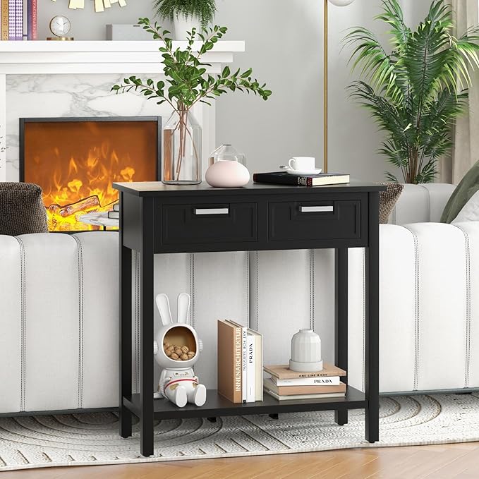 KOTEK Console Table with 2 Drawers & Shelf, Narrow Sofa Table with Rubber Wood Legs, Small Entryway Table for Living Room, Hallway, Office (Black)