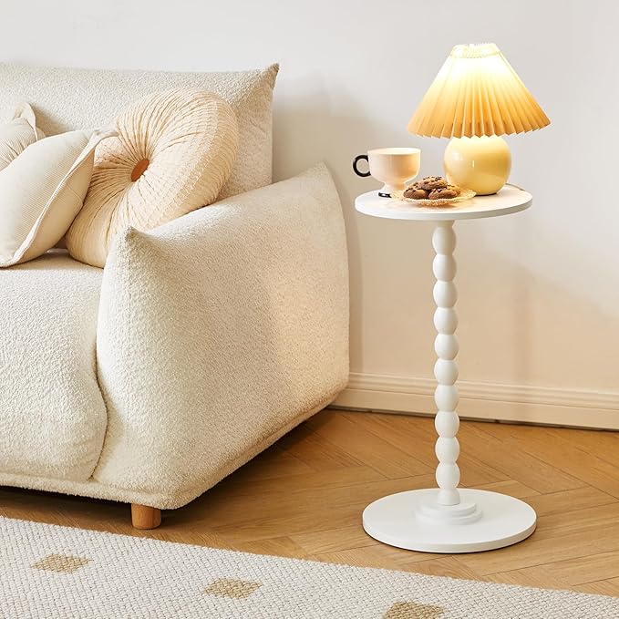 Side Table, Wood Round Drink Table, Small End Table, Weighted Base Pedestal Table for Living Room, Bedroom, Modern White YD-RST001W