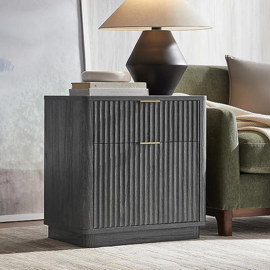 T4TREAM 23'' Fluted Nightstand Set of 2 with Charging Station, Large 2 Drawer Side Table, Modern End Table with Storage, Mid Century Bedside Table for Bedroom, Living Room, Curved Profile, Dark Alder