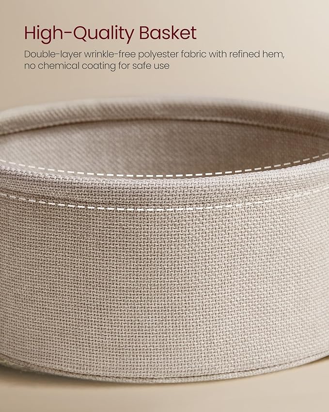 VASAGLE LILEA Collection - Small Round Side End Table, Modern Nightstand with Fabric Basket, Matte White and Camel Brown ULET223W10