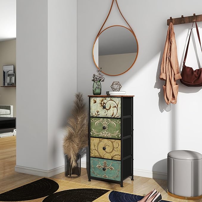 Tohomeor Small Dresser for Bedroom with Retro Flower Narrow Drawers Slim Chest of Drawers Skinny Nightstand Sofa End Table for Living Room Entryway Closet Storage (Multi, 4 Drawers)