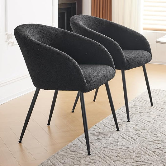 Modern Small Accent Chair Set of 2, Comfy Sherpa Makeup Vanity Chair with Metal Legs, Decorative Chair no Wheels for Living Room, Dressing Room, Bedroom, Black