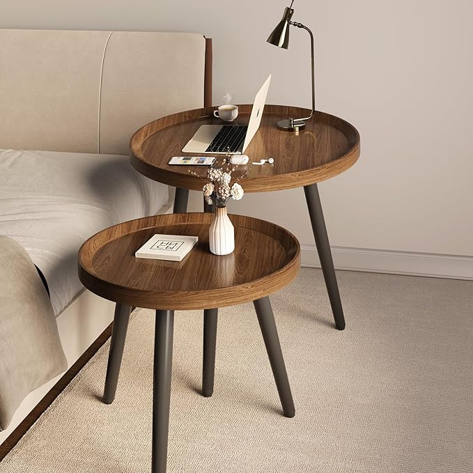 2 PCS Small Round Coffee Table Set, Mid Century Modern Coffee Tables for Living Room, Walnut Nesting Tables for Small Spaces, Easy Assembly Circle Wood Center Table,Black Nesting Coffee Table Set of 2