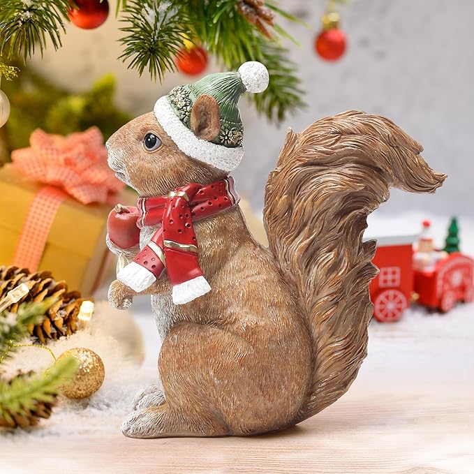 Christmas Squirrel Statue for Home Decor, Ideal for Holiday Cheer, Christmas Figurine Indoor for Shelf Mantel Winter Table Centerpiece, Birthday Gift for Women