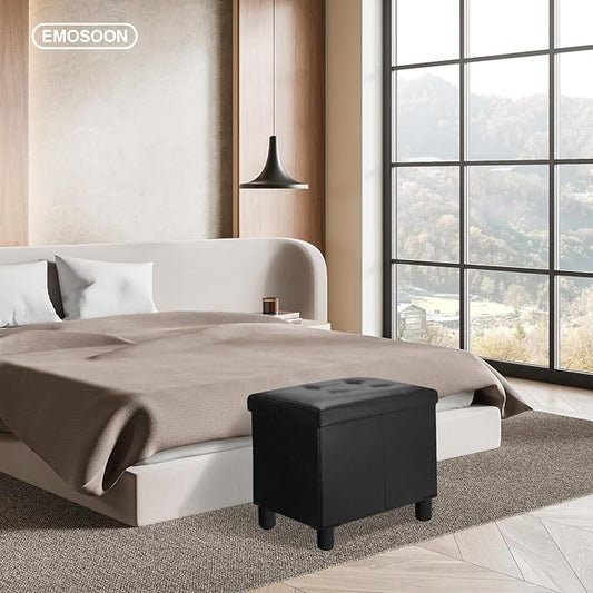 18 Inches Cube Storage Ottoman, Faux Leather Collapsible Square Folding Ottoman Furniture with Storage for Living Room Bedroom, Foot Rest Foot Stool with Legs, Black 18x18x18 Inches