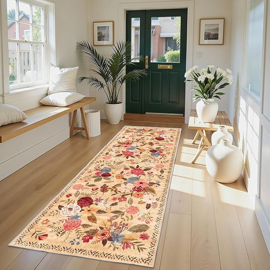Rug for Hallways Kitchen Rug 2x8, Non Slip Washable Rugs with Rubber Backing Soft Floral Carpet Runner for Hallways, Kitchen, Laundry, Bedroom, Bathroom(2 x 8, Yellow Lawn)