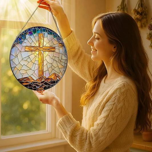 8-Inch Catholic Cross Stained Glass Suncatcher, Stained Glass Window Hanging, Religious Ornament, Christian Home Decor, Sun Catcher Window Decor — Gift for Christmas, Christian Gifts, Religious Gifts