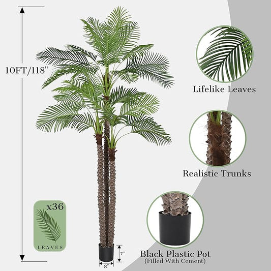 10FT Artificial Palm Tree - Tall Fake Palm Tree with 36 Lifelike Leaves & Realistic Trunk, 120" Large Faux Tropical Phoenix Palm Plant for Home Living Room Poolside Office Hotel Mall Decor